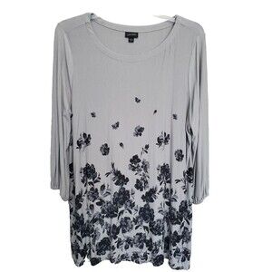 J Jill Wearever Jersey Knit Gray Floral 3/4 Sleeve Tunic Size 2X
